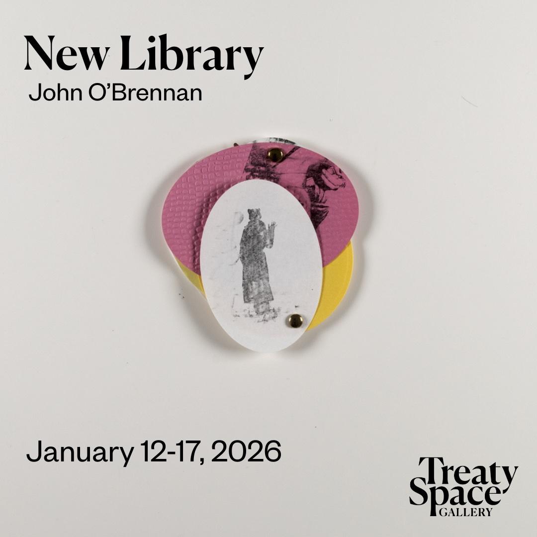 Several ovals of paper bound with a brass paper faster. The front-most oval has a print of a figure waving in greeting.