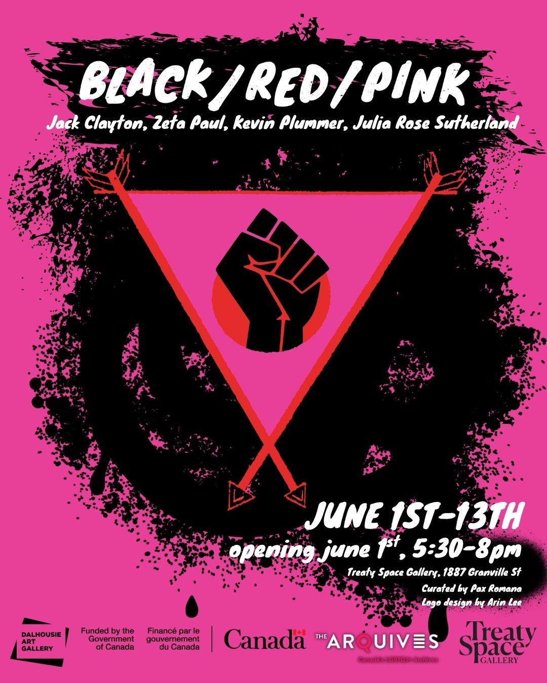 A bright pink background features a black paint splash and a triangle with a black and red fist.