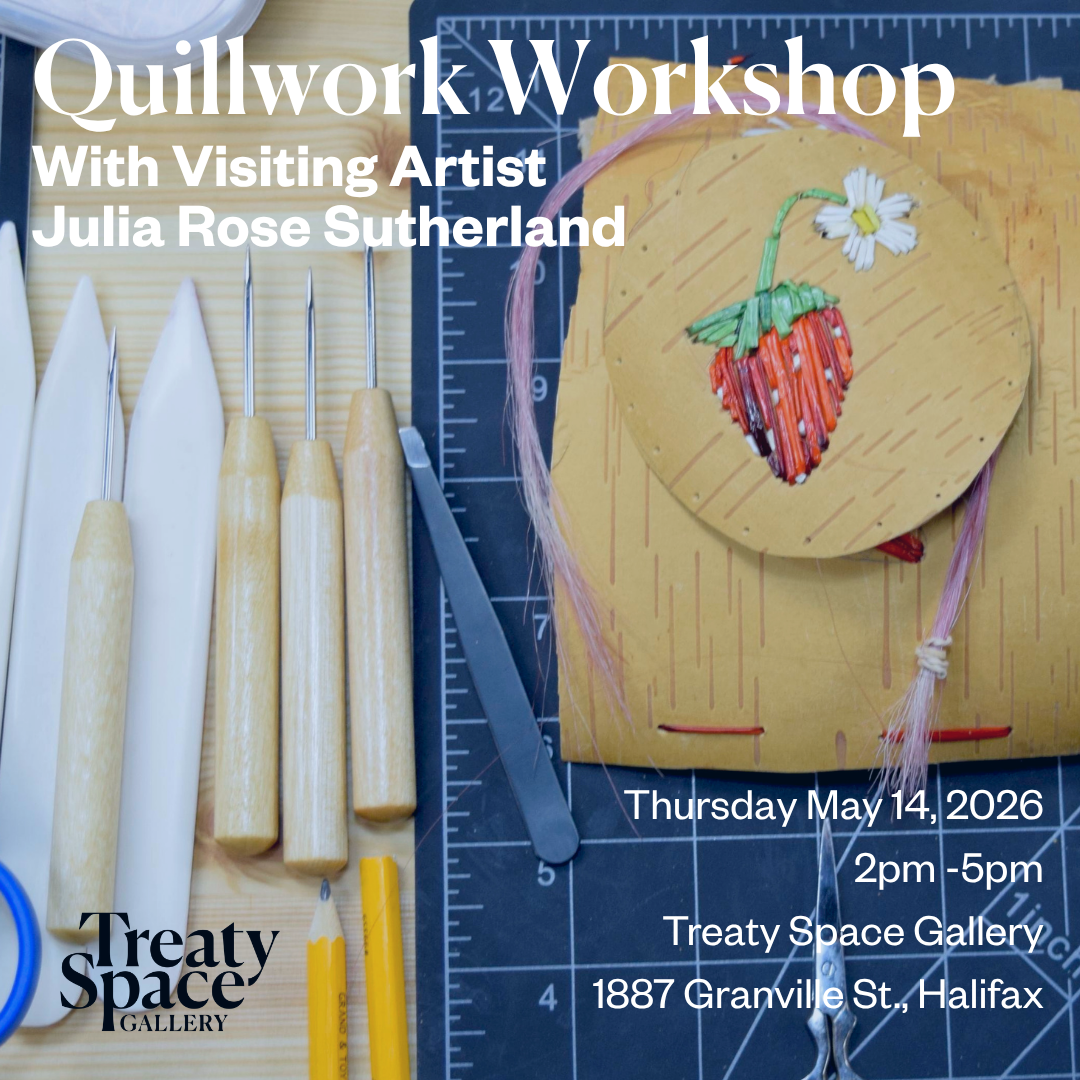 A worktable laid out with blue cutting board and quillwork tools. To the right birchbark and a round piece that features a quilled strawberry shape with bloom.