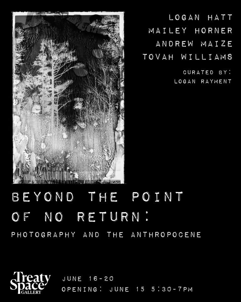 Black background with eerie white negative landscape. BEYOND THE POINT OF NO RETURN: PHOTOGRAPHY AND THE ANTHROPOCENE. LOGAN HATT, MAILEY HORNER, ANDREW MAIZE, TOVAH WILLIAMS, CURATED BY: LOGAN RAYMENT