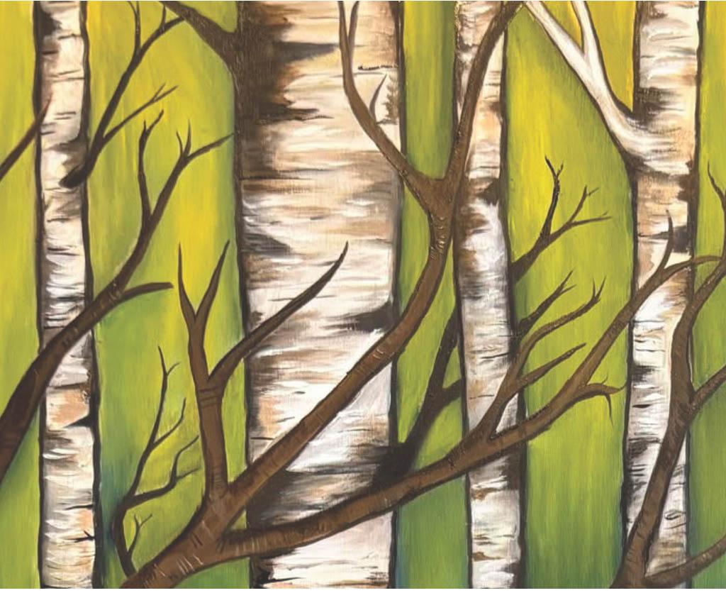 Paintings of birch trees on a green background