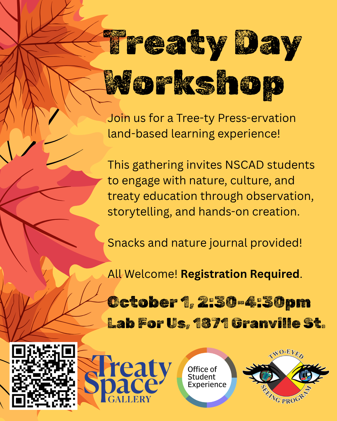 a yesslow background with coloured leaves gives specifics about upcoming event.
