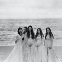 Five women standing in front of the ocean wearing wedding dresses