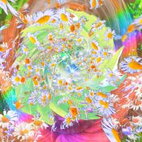 A digital collage with a swirling rainbow background and daisies spiralling outwards. A white star radiates in the centre.