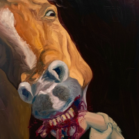 Painting of a horse biting a human hand with large teeth drawing blood. The horse portrait is angry with its face muscles bulging. It's feral eye looks off into the darkness while the injured hand tries to pull away.
