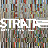 MFA group show STRATA text on glitched image background