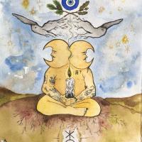 Watercolour piece of a double-headed crescent moon figure sitting cross legged with roots crawling downwards towards a non-binary symbol. The figure is holding a candle with smoke that trickles up above their head which forms into two owls, pine & oak branches, and evil eye.