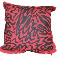 Hand-screen printed on cotton, the pillow design boasts a bold, simple pattern on a red background.