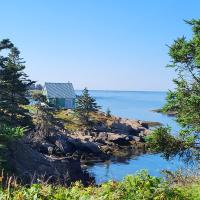 A photograph of a small green house sitting on a rocky and grassy island coast, surrounded by trees and deep blue sea.