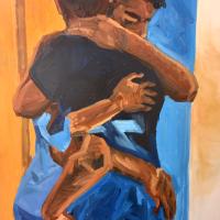 Abstract painting of two figures hugging.