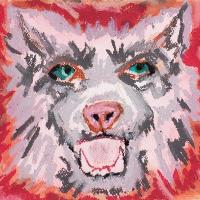 Image of a drawing of a grey wolf head with bright green eyes. Drawn with oil pastels on a red watercolour background.