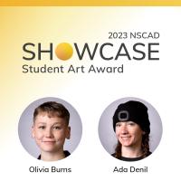 Student Art Award Showcase logo with head shots of Olivia Burns and Ada Denil