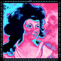 A colonial-era portrait of a woman, digitally altered to appear neon pink with blue accentuating lines
