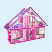 An image of a pink and purple Barbie Dreamhouse on a light blue background.
