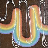 A rainbow stripe with two vertical curved peaks, curved white lines lay over top, the background is brown and textured. 