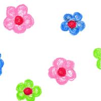 Lime green, dark blue, and baby pink hand drawn flowers with red centers scattered across a white background.