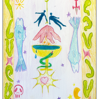 Colorful, hand drawn iconography derived from Tarot cards advertising the Fall 2023 Intermediate Dye and Print class gallery exhibition, Ebb & Flow. 