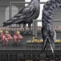 surrealistic image of fragmented crow and factory 