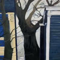 Oil painting of a tree between two buildings with blue siding. A winter landscape in Halifax. 