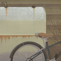 The back half of a dark green bicycle leans against a pale yellow domestic oil tank with signs of rust.