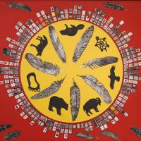 An artistic depiction showcasing a circle of feathers intertwined with diverse animals, symbolizing unity and nature.