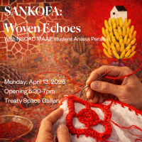 Two hands clasp a white cloth with red floral embroidery, the hands are mid stitch. In the background a white house sits on top of a cluster of bananas. 