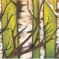 Painting of four birch trees with branches reaching upwards against the background of a yellowish-green sky.