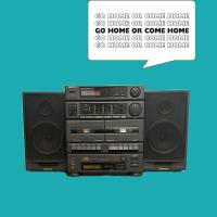 Centered on a teal background is a retro radio stereo with a speech bubble of the repeated title "go home or come home"